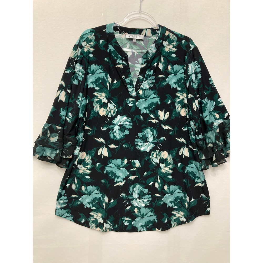 Kasper Blouse XL Green Black Floral Split V-Neck Ruffle Sleeve Stretch Casual